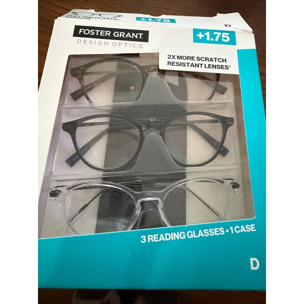 Foster Grant Design Optics Classic Reading Glasses +1.75  3 Pack NEW with case